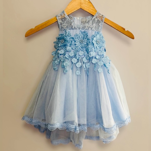 Other - Flower Girl / Easter Blue Tulle Dress Flower & Bead Accents Satin Straps Size 2T